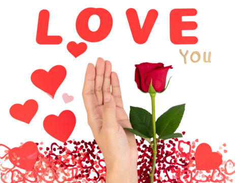 Hand Holding Single Rose Stem with Floating Love You Hearts, Transparent PNG
