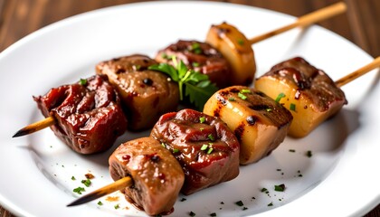 Grilled gourmet skewers, arranged enticingly on a white plate, creating a perfect culinary delight