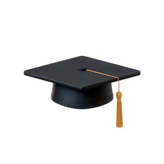 A classic black graduation cap with a golden tassel presented as a single item isolated on transparent background
