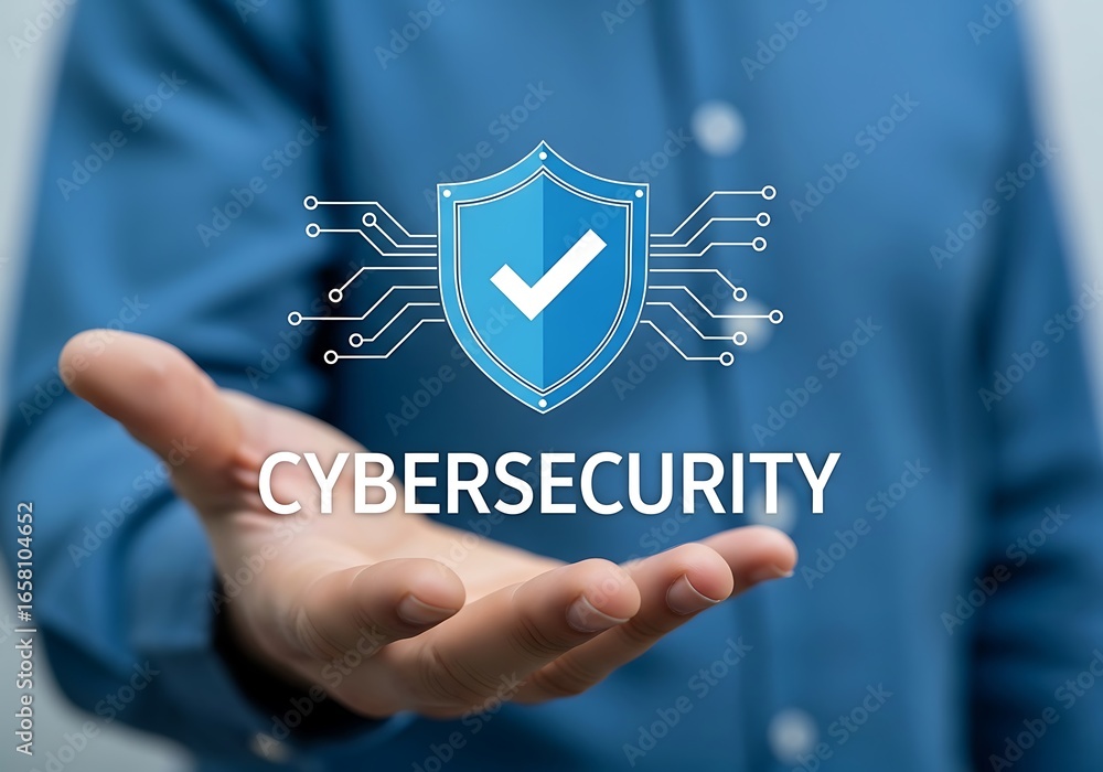 Poster shield with checkmark and circuits cybersecurity protection
