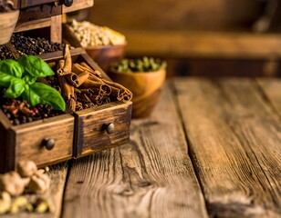 Wooden spice rack with assorted spices