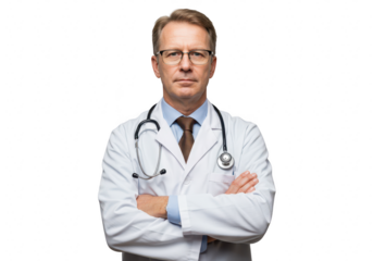 A male doctor wearing glasses and a stethoscope with his arms crossed, isolated on transparent background