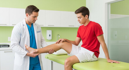 Obraz premium Medical Doctor or Physical Therapist Examining Young Man's Leg and Knee Injury in Clinic