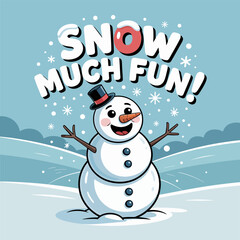 Snow much fun snowman laughing on snowy hills simple winter background Christmas vector illustration for greeting cards posters printable