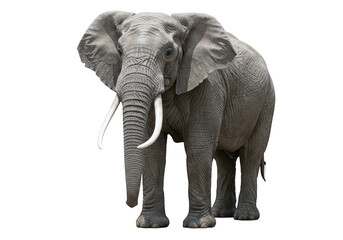 A large grey elephant with a long trunk and tusks, standing isolated on a transparent background, representing african wildlife and nature