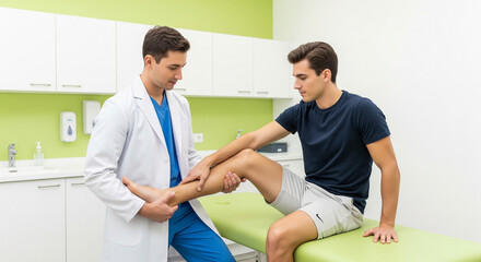Fototapeta premium Professional Doctor or Physical Therapist Examining Male Patient's Leg for Injury Assessment and Rehabilitation in a Clinic