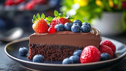 A slice of rich chocolate cake adorned with fresh berries.