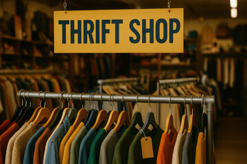 Fototapeta premium Thrift shop sign with colorful clothing on hangers, showcasing variety of styles and textures
