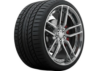 A closeup studio shot of a highperformance car tire and alloy wheel, isolated on transparent background