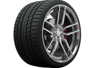 A closeup studio shot of a highperformance car tire and alloy wheel, isolated on transparent background