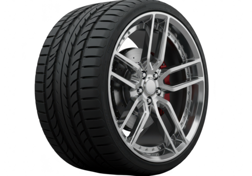 A closeup studio shot of a highperformance car tire and alloy wheel, isolated on transparent background
