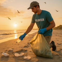 Young man volunteering to clean beach at sunset