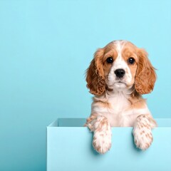 a cute puppy peek out of a light blue box, with a serene expression and lovely fur color