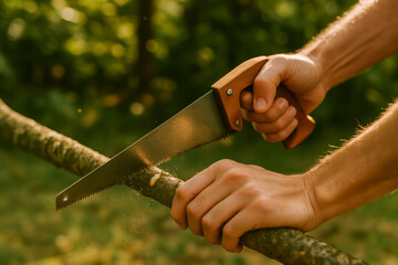 A person sawing a branch in a sunlit garden