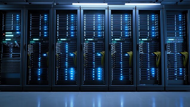 Rows of illuminated server racks in a modern data center with glowing blue lights creating a technological atmosphere - Powered by Adobe