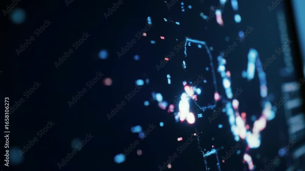 Poster abstract glowing dots and lines on a dark screen or monitor