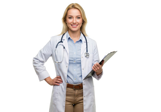 A smiling female doctor in a white coat holding a clipboard, isolated on transparent background