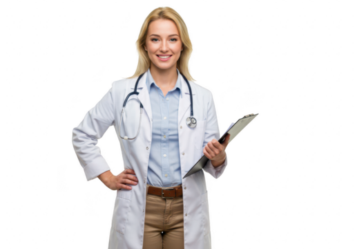 A smiling female doctor in a white coat holding a clipboard, isolated on transparent background