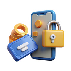 3d mobile security and digital payment concept isolated on transparent background