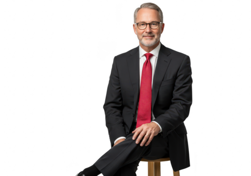 Confident businessman in suit and red tie wearing glasses sitting on stool isolated on transparent background