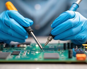 Close-up of gloved hands expertly soldering electronic components onto a green circuit board with precision