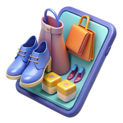 3d online shopping concept with fashion items isolated on transparent background