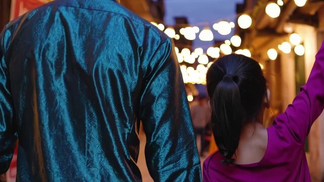 Back-view of families in colorful attire strolling beneath hanging bulbs and garlands; holiday bustle fills the frame &mdash; 4K lifestyle shot.