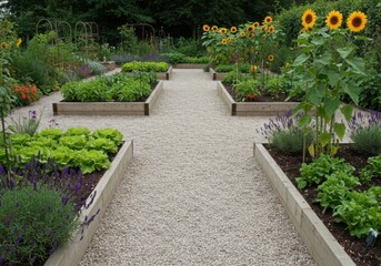 Backyard raised bed garden surrounded by gravel paths