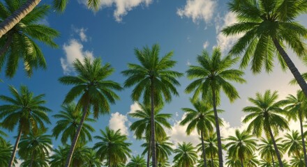 Vibrant palm trees sway under radiant blue sky