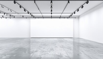 Empty gallery space with spotlights and a large blank canvas ready for artwork