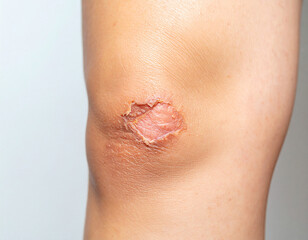 Fototapeta premium Close-up of a Human Knee with a Wound and Healing Skin, Isolated on White Background.