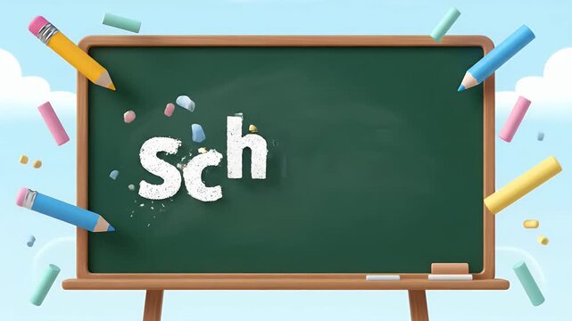 Colorful pencils and chalk surround a green chalkboard with the word "Sch" written on it.