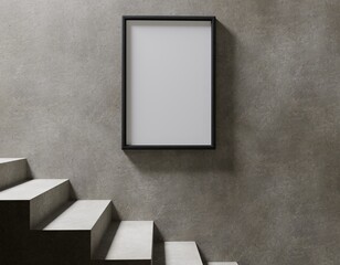 Blank framed poster on a concrete wall beside stairs