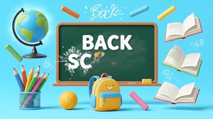 Back to school theme with globe, books, and supplies on a chalkboard.