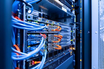 Modern data center server rack with glowing blue network cables and blinking lights for technology concept