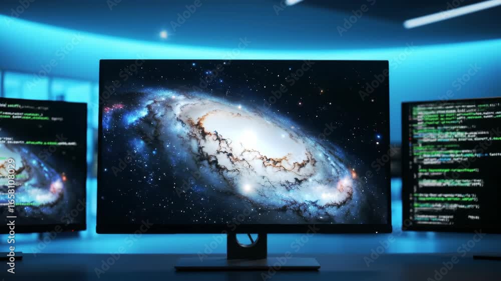 Poster computer screens showing space and code, a modern workspace.