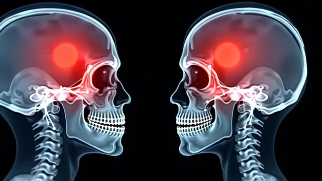 x-ray scan, brain tumor, skull structure. Medical imaging. Bones protect brain integrity. 3D medical illustration highlights structures. Brain condition influences cognitive abilities.