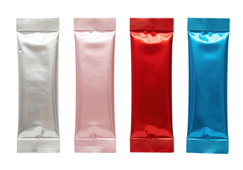 Four colorful sealed packets arranged in a row isolated on transparent background