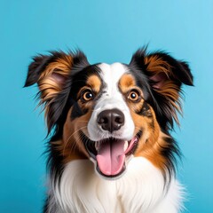 Fototapeta premium A close-up shot of a happy dog with a smiling expression against a beautiful blue background