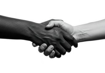 A handshake between a person with dark skin and a person with light skin, symbolizing diversity and unity, isolated on a transparent background