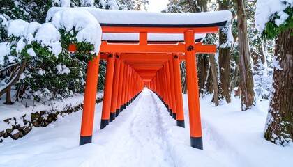 Snowy path with red torii gates