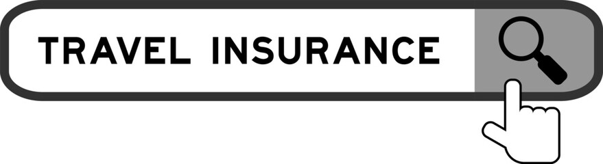 Search banner in word travel insurance with hand over magnifier icon on white background