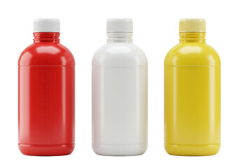 Three plastic bottles in red, neutral, yellow colors isolated on transparent background