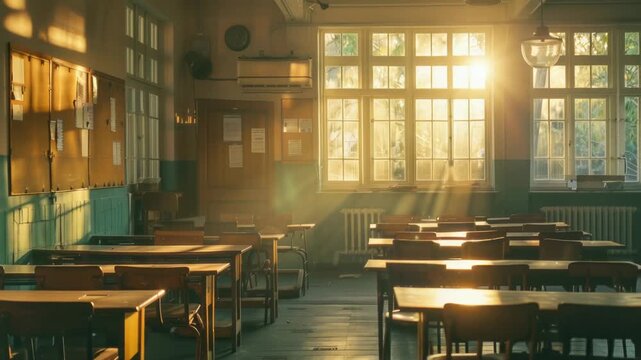 A typical classroom setting with desks and a clock on the wall