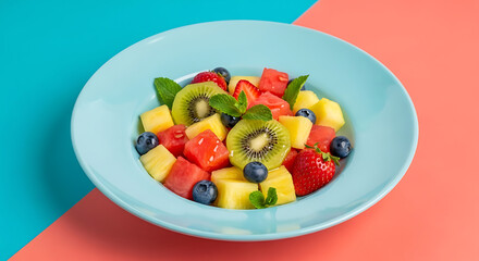A vibrant blue bowl filled with a colorful fruit salad