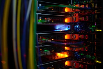 Close up of network server rack with blinking lights and colorful cables for data center technology