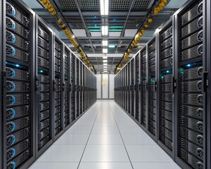 Expansive data center server room rows of advanced technology hardware