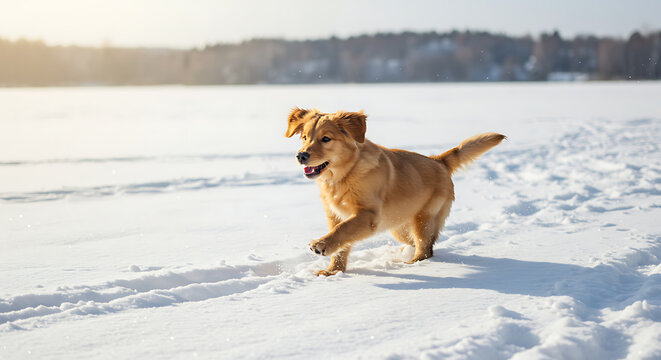 This action-packed image captures a golden retriever puppy mid-stride, its body a blur of motion as it bounds through a snowy field