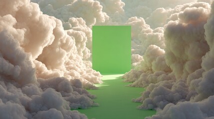 A digitally rendered scene depicts a pathway through fluffy, light beige clouds, with a bright green backdrop.