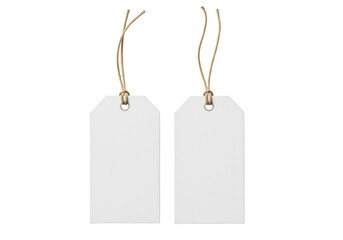 Two blank tags with string, promotional material isolated on transparent background